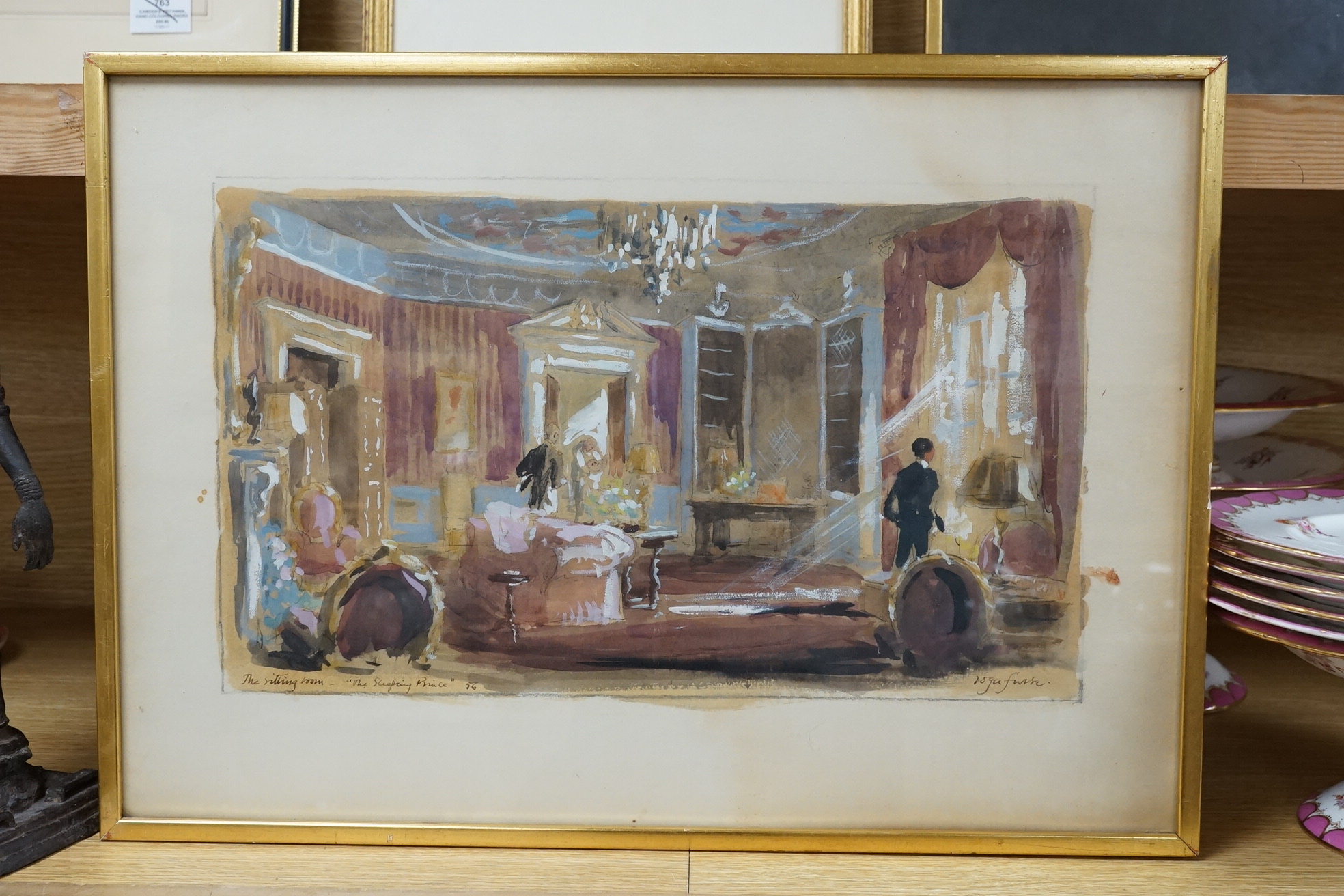 Roger Furse (1903-1972), theatrical interest, heightened watercolour and mixed media, Scene from the sitting room, The Sleeping Prince, signed and inscribed in ink, 24 x 41cm. Condition - fair to good